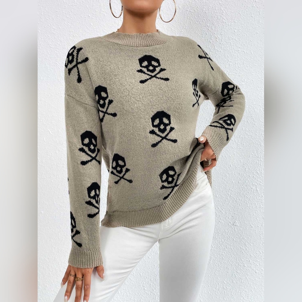 Skull Crossbones Unique Print Contrasting Knit Pullover Sweater Rock Roll Shirt